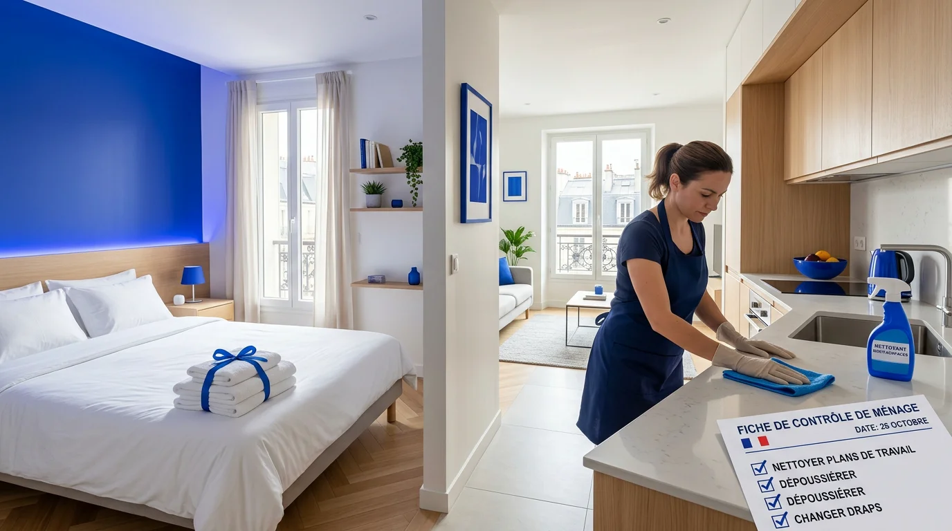 Professionnel réalisant le ménage d'un logement Airbnb lumineux entre deux séjours
