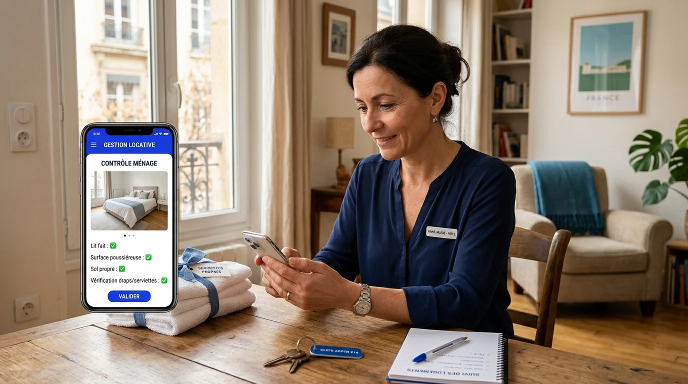 Hôte Airbnb vérifiant le compte-rendu photo de ménage sur son smartphone