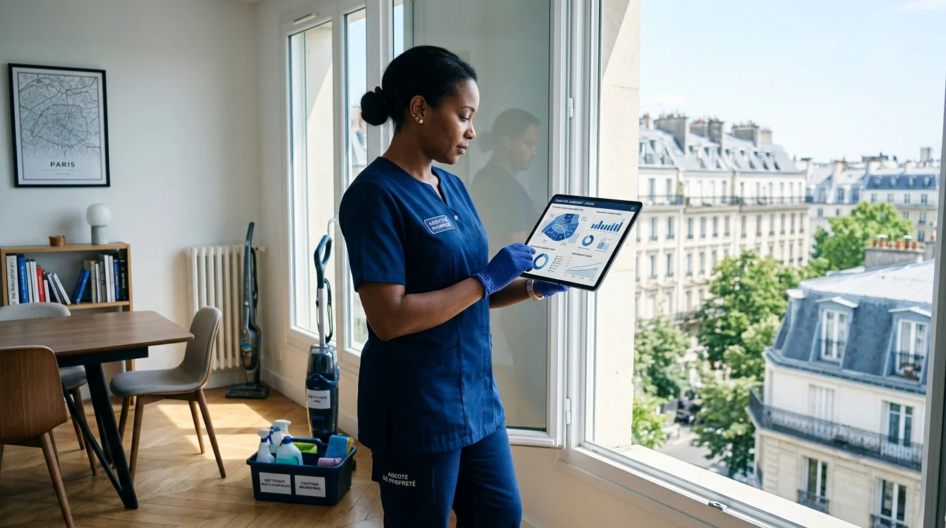 Agent de propreté consultant des données de marché sur une tablette