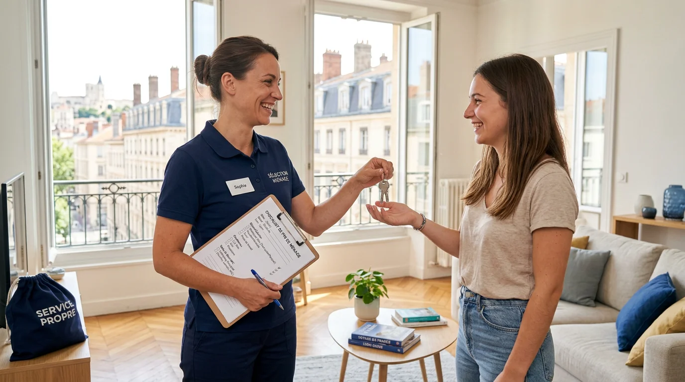 Femme de ménage remettant les clés d'un appartement propre à Lyon