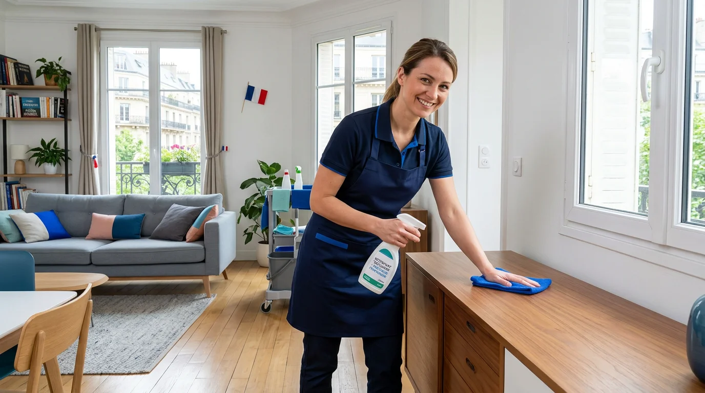 Femme de ménage nettoyant un salon lumineux en 2026