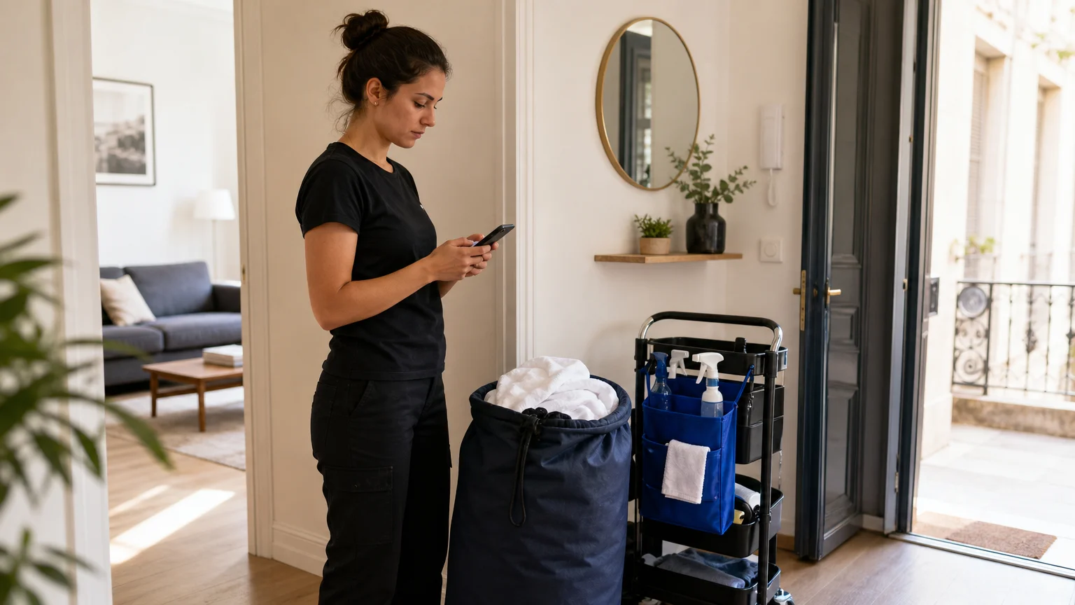 Professionnelle préparant une rotation de ménage Airbnb dans un appartement lyonnais