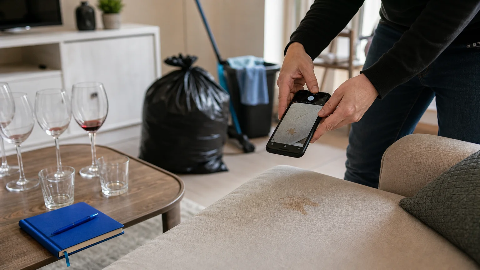 Inspection photographique d’un logement Airbnb après une soirée