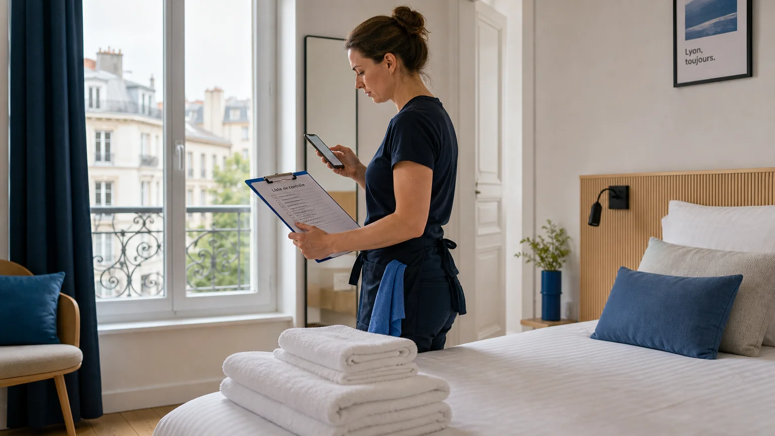 Intervenante contrôlant une chambre après le nettoyage d’un logement Airbnb à Lyon