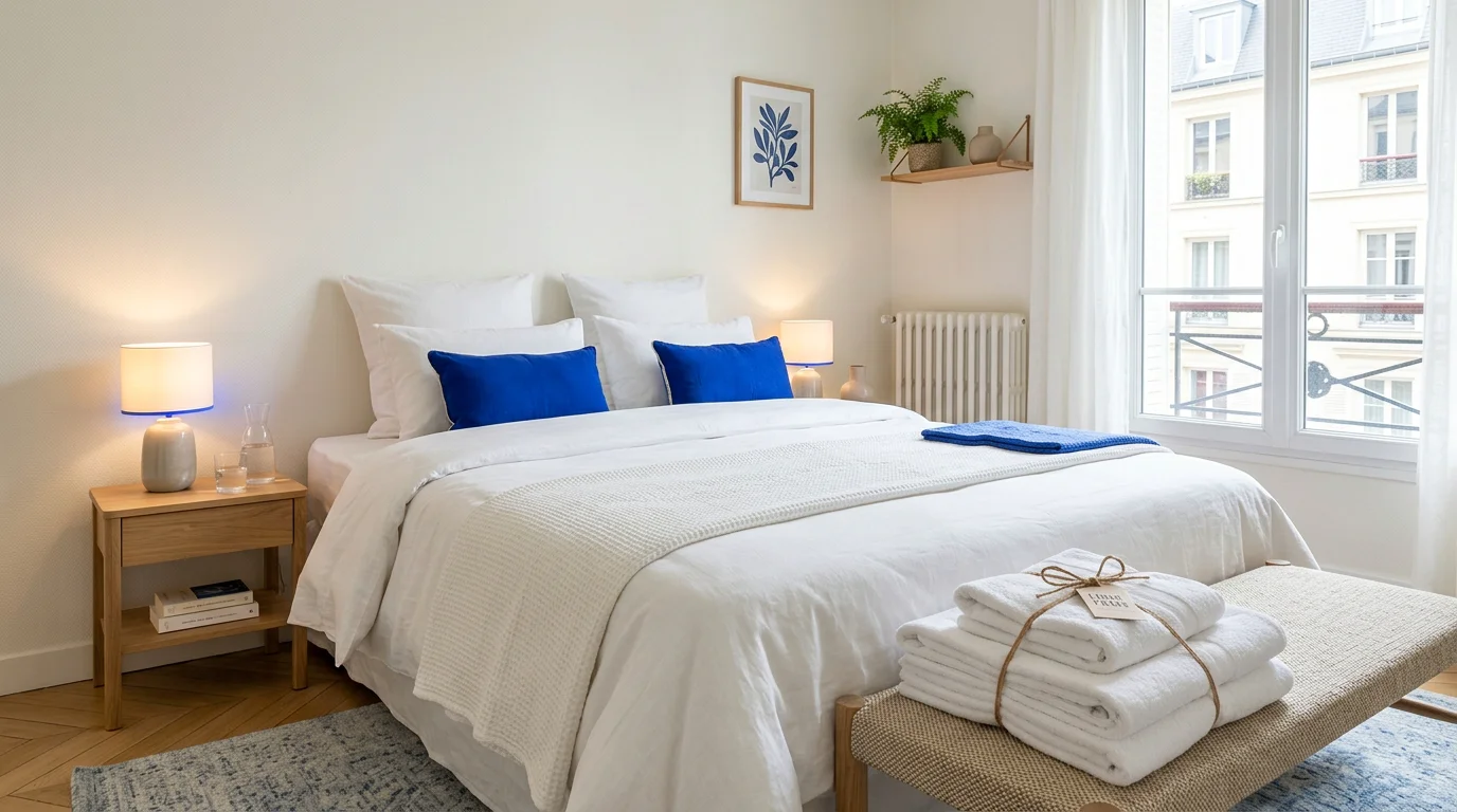 Chambre de location saisonnière préparée avec linge propre et surfaces nettoyées